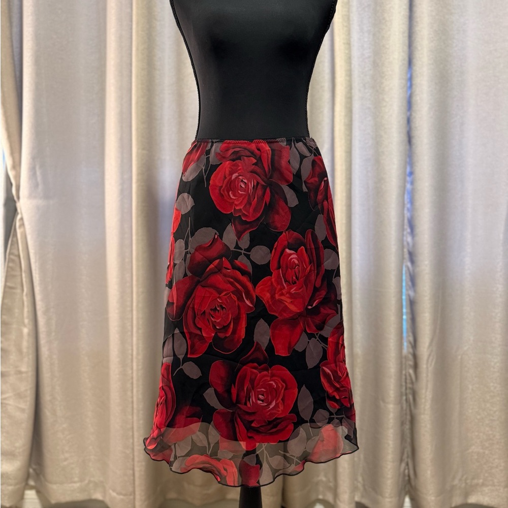 Worthington Black and Red Floral Midi Skirt